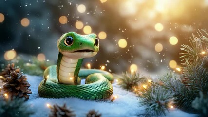 Cute green snake wearing a santa hat is talks and making funny faces in front of a christmas tree with falling snow and bokeh lights in the background. 