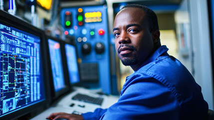 focused technician operates advanced control systems in offshore control room, showcasing expertise and concentration in high tech environment