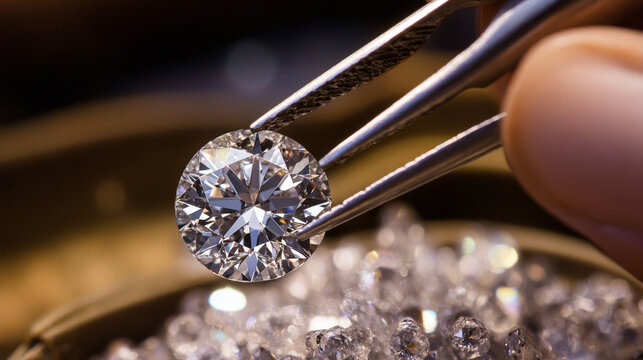 A close-up view of a brilliant-cut diamond being delicately held by tweezers, emphasizing its exceptional clarity and brilliant sparkle