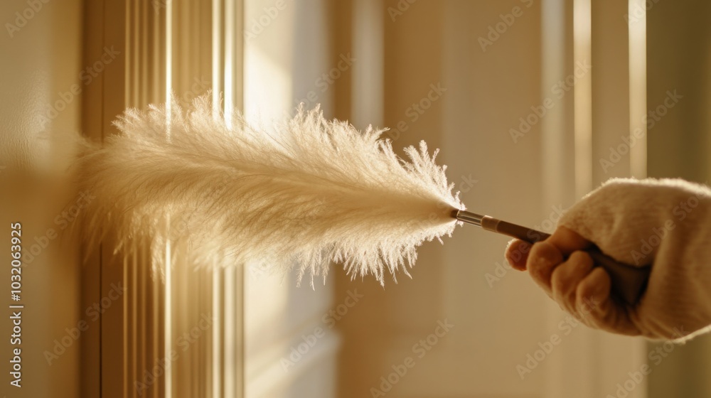 Wall mural A hand with a feather duster is gently cleaning a wall in a bright room. Sunlight pours in, highlighting the softness of the duster's feathers and creating a warm atmosphere during the afternoon.