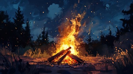 Fototapeta premium A roaring campfire with detailed flames licking the wood, sparks flying into the night sky.