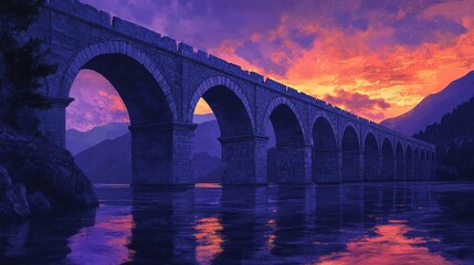 Roman bridge in twilight vibrant sky colors fading shadows stretching across the water below