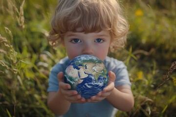 Fototapeta premium A young child holds a miniature Earth globe in his hands, symbolizing the importance of caring for our planet