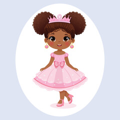 Cute princess girl with beautiful brown eyes and dark hair in a pink dress with crown. Poster, Banner, Flyer, Greeting Card. Vector illustration in flat cartoon style.