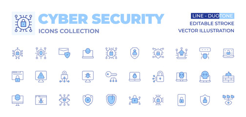 Cyber security icons collection. Line Duotone style, editable stroke. access, alert, computer, cyber, cyber crime, cyber security, cybersecurity threats, browser, cyber attack, broken shield, bug