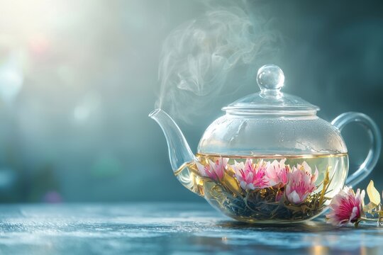 A clear glass teapot filled with blooming flower tea, steam rising gently in a serene background with blank space. Ideal for high-end tea branding, luxury product promotions, or spa advertisements.