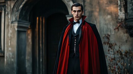 Naklejka premium A Dracula costume with a red cape and formal attire for Halloween.