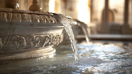 Close-up of Roman bathhouse fountain intricate carvings on basin water gently flowing from spout