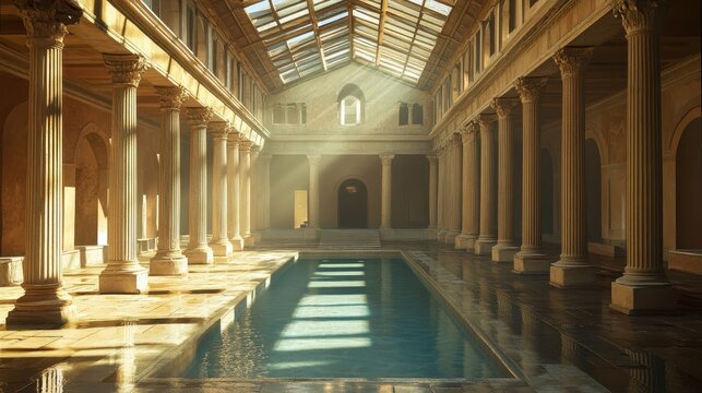 Cold pool in Roman frigidarium sunlight through ceiling casting shadows on polished marble floor