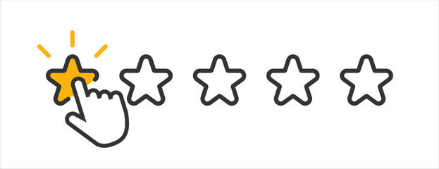 Bad negative review, rating 1 out of 5 stars. Yellow stars with clicking mouse hand. Quality rank icon. Customer feedback concept. Vector