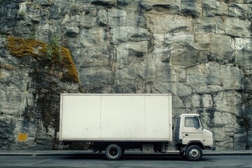 A white truck parked in front of a rock wall, perfect for outdoor or construction themed projects