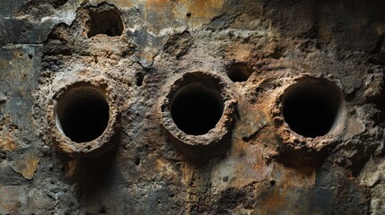 Heating pipes embedded in Roman bathhouse wall cracked clay tubes and heat-discolored stone illuminated