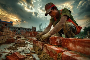 A person constructs a brick wall with bricks and mortar