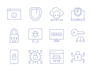Cyber security icons. Thin Line style, editable stroke. hacker, hacking, padlock, password, smartphone, spy, broken shield, cyber attack, cyber security