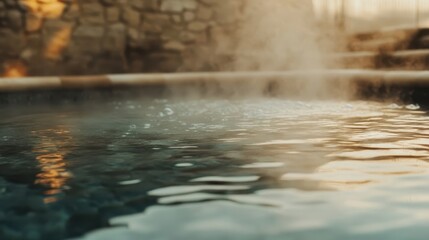 Steam rising from clear water in hot spring pool soft light illuminating vapor and reflecting stone surroundings