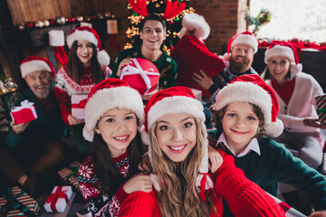 Portrait of big peaceful family make selfie have fun festive christmas time together flat indoors