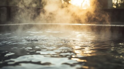 Wooden stool beside public bath soft shadows and damp wood texture contrasting with neatly folded white towel