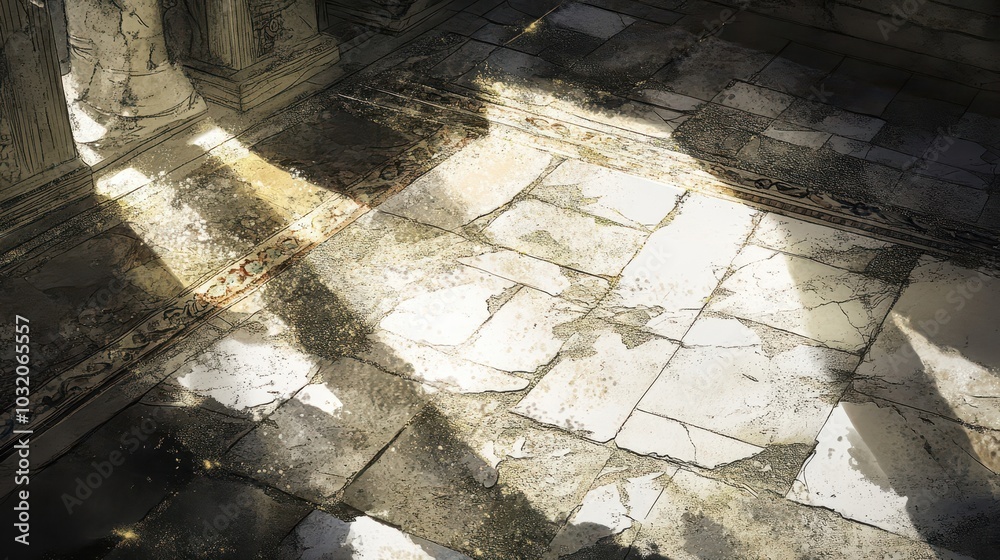 Poster Close-up of worn marble floor cracks and water reflecting soft sunlight mosaic patterns still partly visible