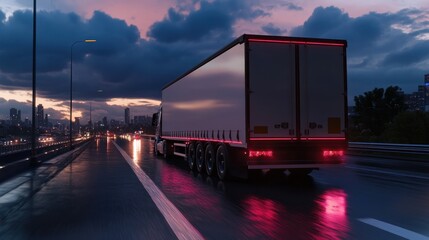 Fototapeta premium Truck Driving on a Wet Road at Dusk