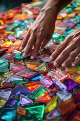 A close-up view of a person's hands holding various colored glass pieces on a table