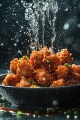 A bowl of food with water splashing over the top, perfect for editorial or commercial use