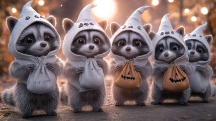 Obraz premium Adorable raccoons dressed as ghosts hold treat bags under glowing lights, AI