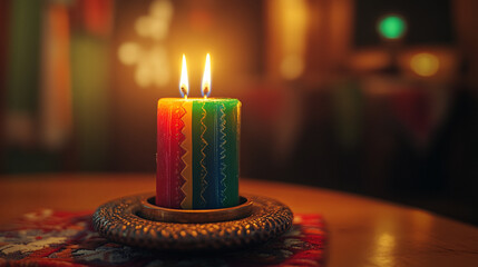 Colorful Kwanzaa candle lit on a decorative table during the festive celebration