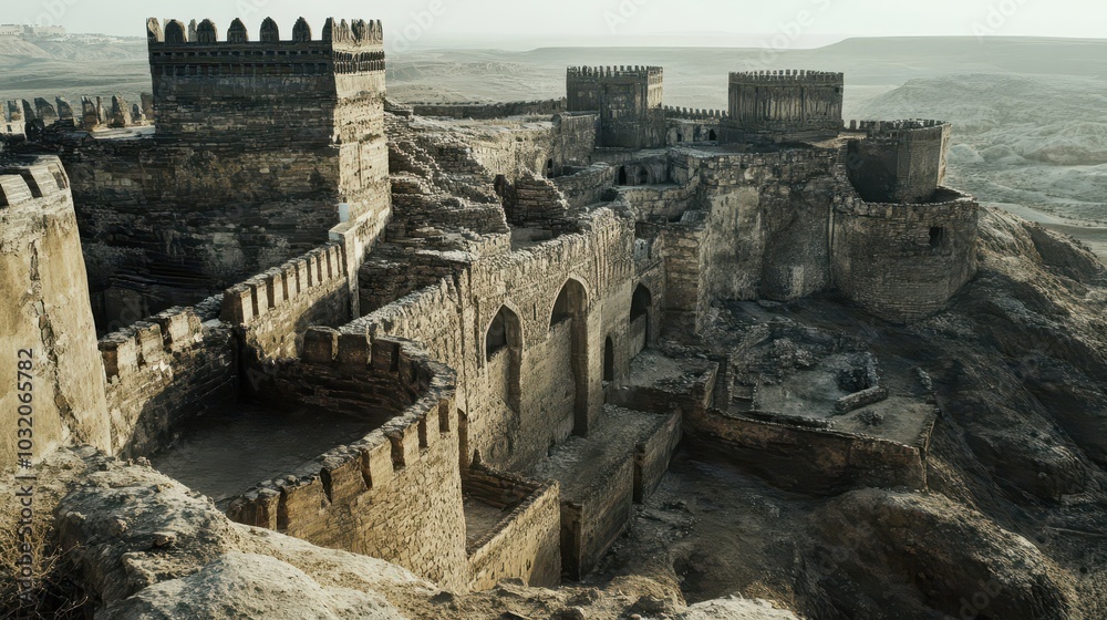 Canvas Prints Interconnected stone walls of a fortress several tall watchtowers rising above