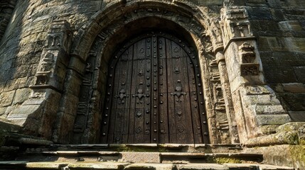 Heavily reinforced wooden gate stone arch with faded carvings and cracked steps