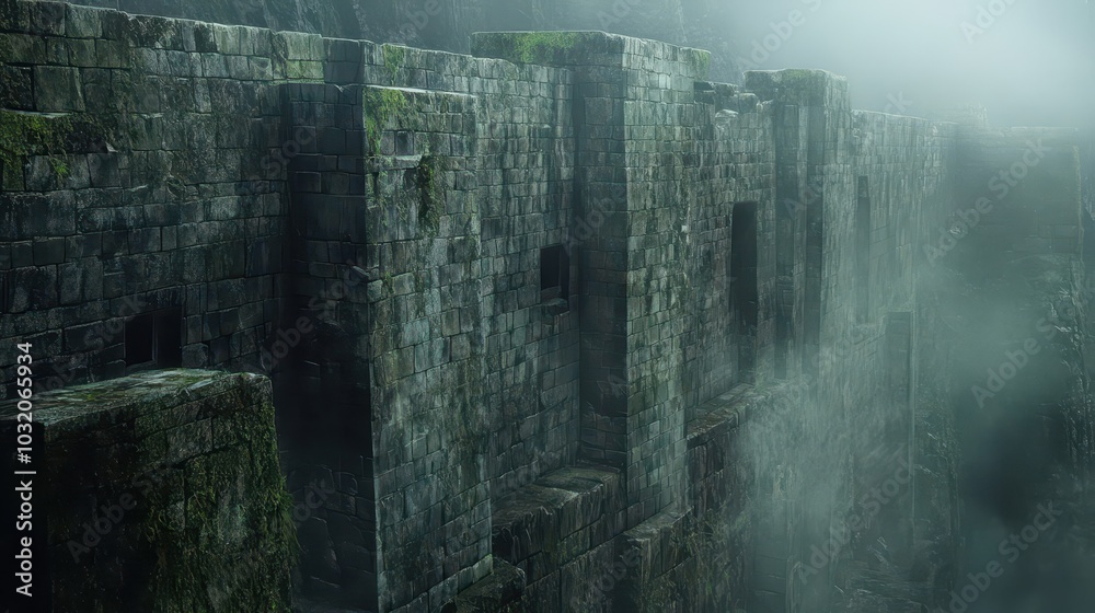 Poster Fortress wall in the fog moss-covered stones and crumbling sections soft light