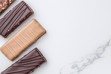 Assorted Protein Bars With Dark Chocolate Drizzle, Placed on a Smooth Marble Surface, Protein Bar Photography, Protein Bar Marketing Photo Image