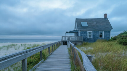 The house features a cozy porch with inviting chairs, perfect for enjoying the coastal breeze and stunning views of the horizon.