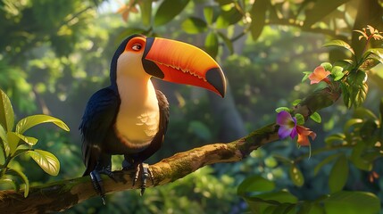 Fototapeta premium Vibrant toucan perched on a tree branch against a backdrop of lush foliage.
