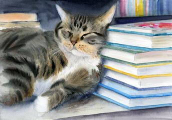 Watercolor illustration of a fluffy tabby cat sleeping on a stack of colorful books (This illustration was drawn by hand without the use of generative AI!)