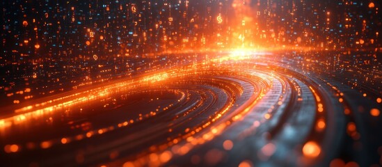 Abstract background with glowing orange and blue particles.