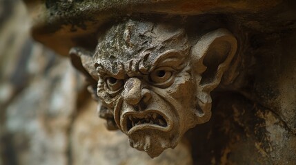 Gargoyle carved into fortress wall eroded features and dark stone from rain runoff over time