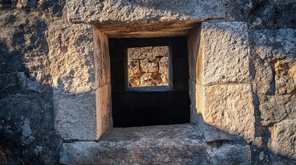 Fortress arrow slit with smooth stone edges sharp contrast between light and shadow inside