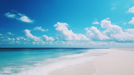 Obraz premium The horizon stretches endlessly, meeting the vibrant blue sky above, adorned with fluffy white clouds