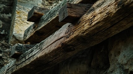 Obraz premium Old wooden beams in fortress wall deep cracks and splinters contrasting with stone blocks