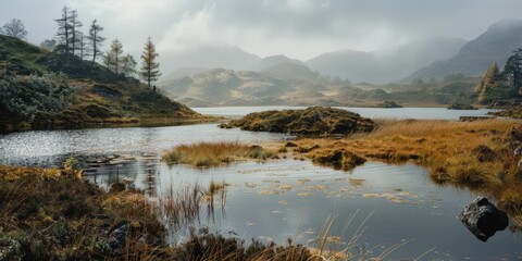 Fototapeta premium A serene lake scene with lush greenery and foliage