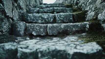 Fortress steps cracked and worn smooth moss growing in gaps texture rough and uneven