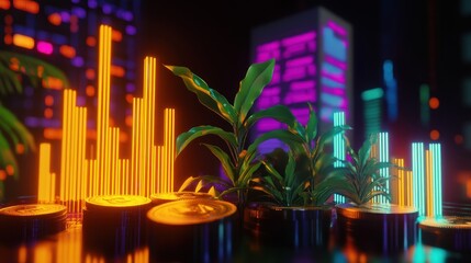Neon Cityscape with Plants and Cryptocurrency