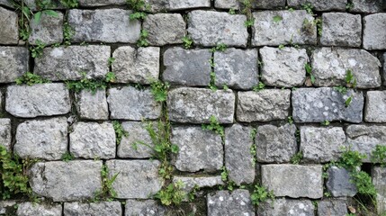 Fototapeta premium Zoomed-in view of mortar between fortress stones worn away with grass growing in gaps