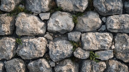Worn mortar between fortress stone blocks plants growing in cracks stones uneven and rough