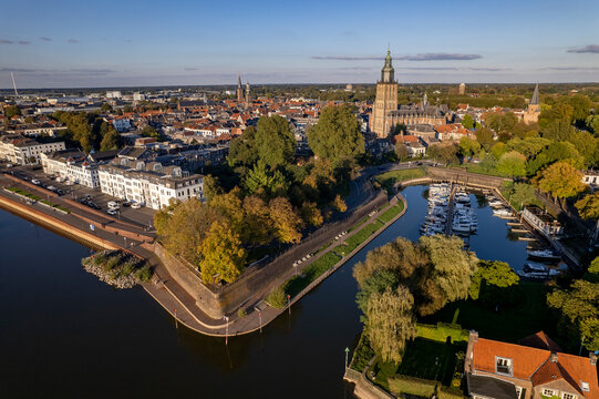 Bult van Ketjen defence city wall part of Zutphen countenance seen from above against vibrant colourful sky with quay visible of river IJssel in low water level reflecting in the waterway