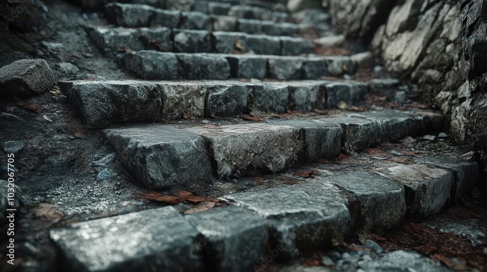 Sticker Worn stone steps leading to battlements smooth and chipped edges debris in the cracks