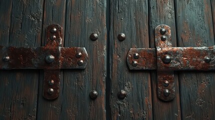 Fototapeta premium Corroded iron hinges on a wooden fortress door splintered and rotting due to moisture