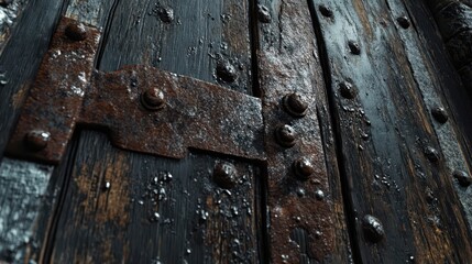 Zoomed-in view of corroded hinges on fortress door wood cracked and rotting from moisture