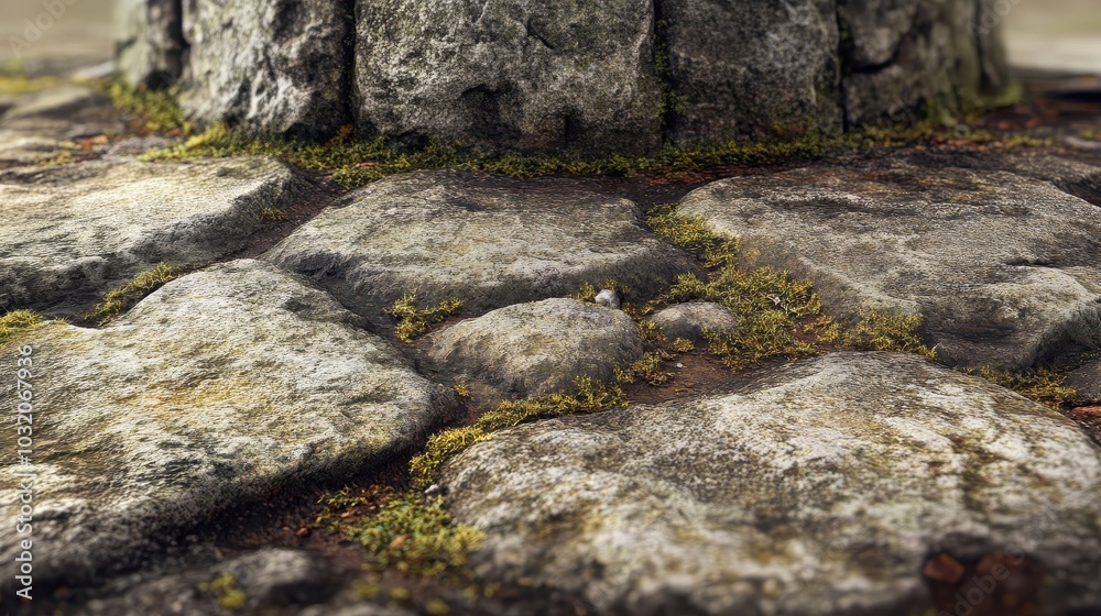 Sticker Defensive tower base with discolored stones moss and lichen growing on the rough surface