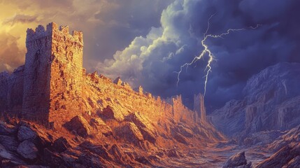 Fototapeta premium Illustration of crumbling medieval wall lightning illuminating stormy sky over desolate canyon